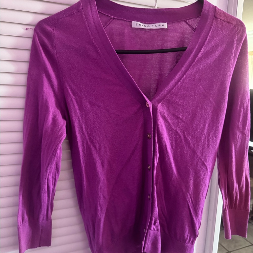 Trina Turk Purple Cardigan Sweater V-Neck Lightweight